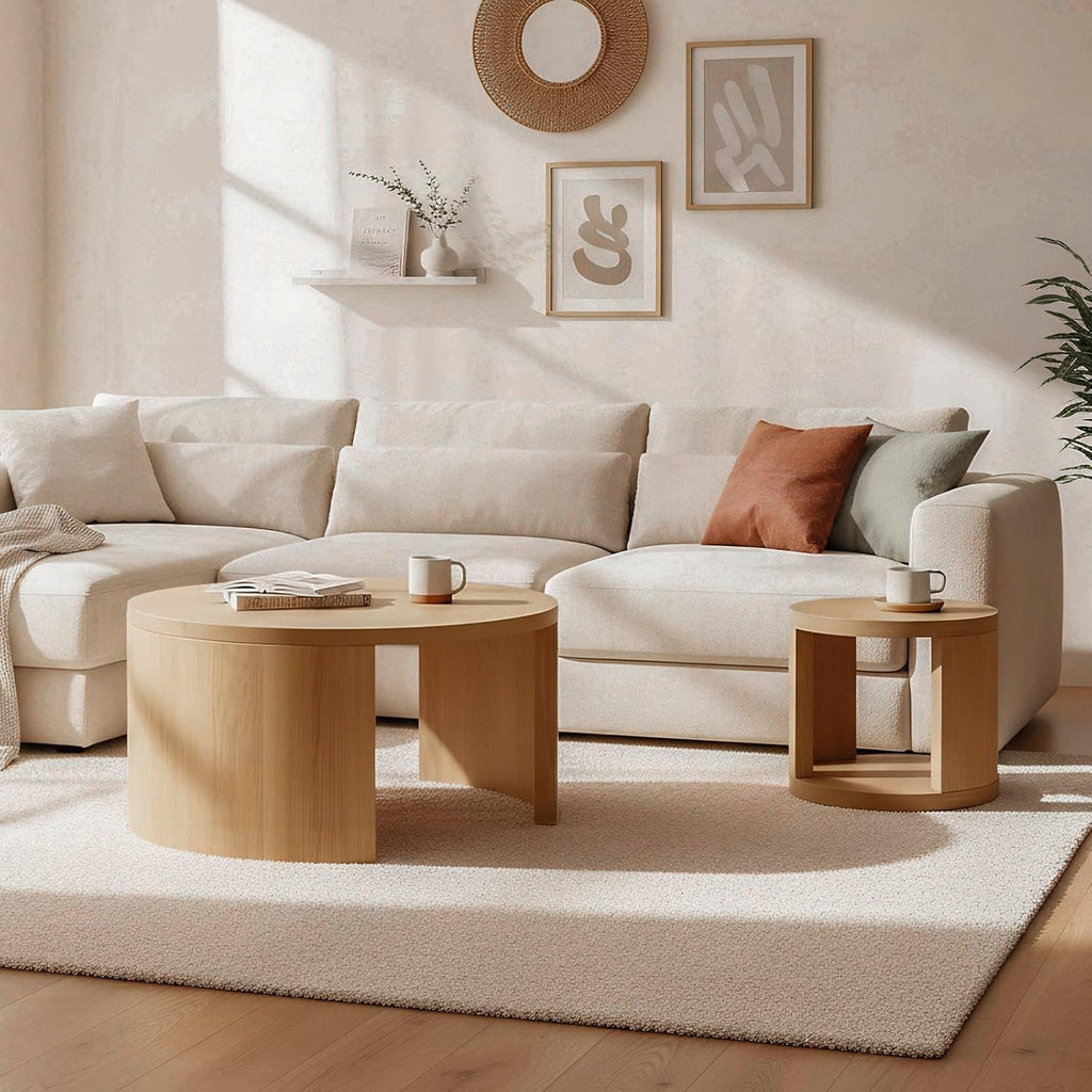 Round Coffee Table Set of 2, Nesting Coffee Tables with Storage, Living Room Table Set, Modern Wood Center Table for Living Room, Apartment, 31.5' & 18' Accent Table Set, Natural