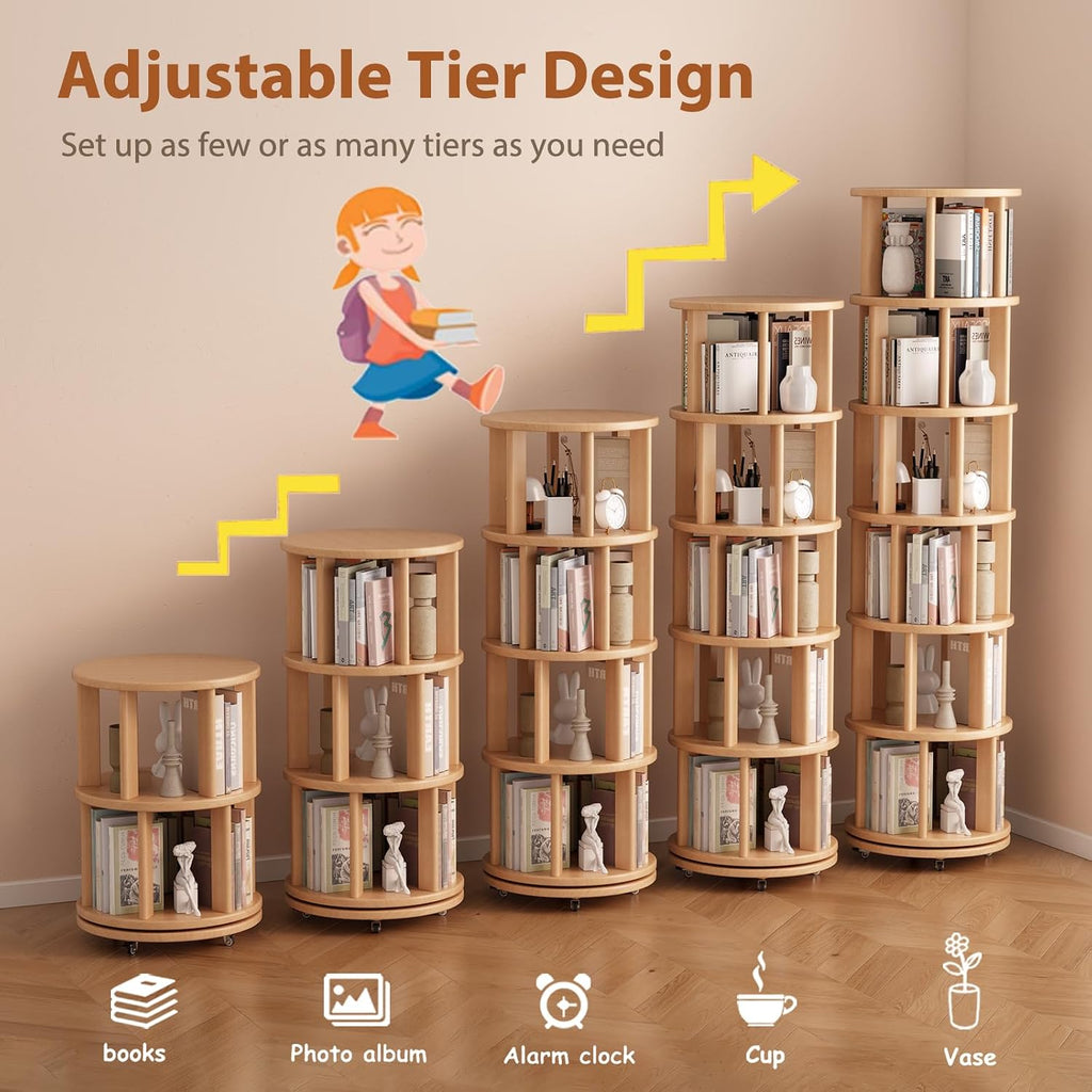 Muwuele Solid Wood Rotating Bookshelf on Wheels, 6 Tier, Round Revolving Bookcase, 360° Spinning Book Shelf Tower for Kids, Narrow Rolling Bookshelves for Small Space, Corner, Bedroom, Office, Natural