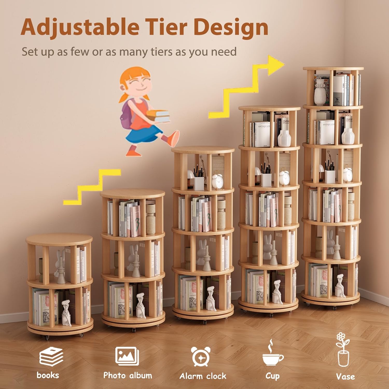 Muwuele Solid Wood Rotating Bookshelf on Wheels, 6 Tier, Round Revolving Bookcase, 360° Spinning Book Shelf Tower for Kids, Narrow Rolling Bookshelves for Small Space, Corner, Bedroom, Office, Natural