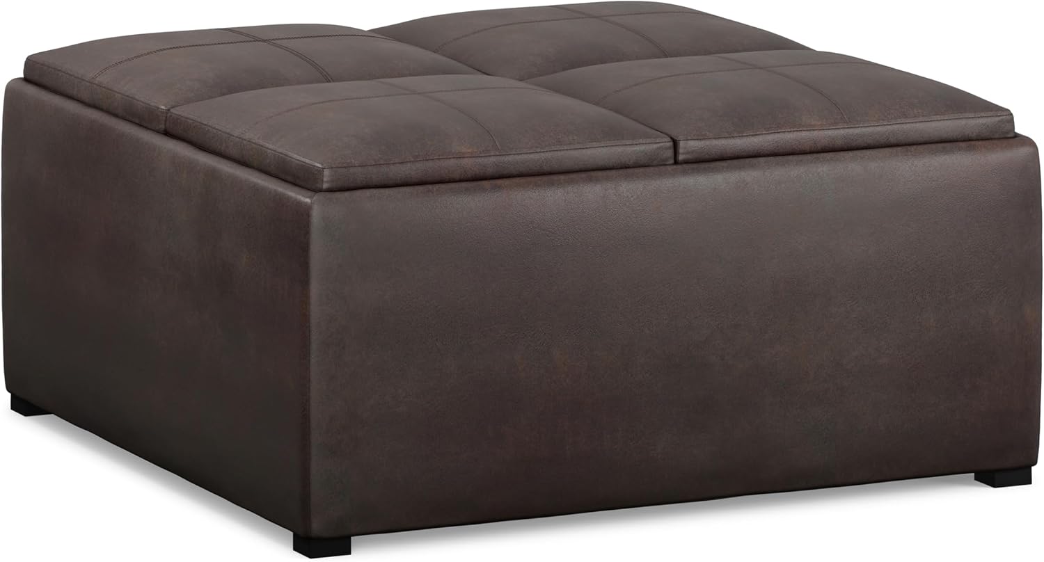 SIMPLIHOME Avalon Wide Contemporary Square Coffee Table Storage Ottoman, Distressed Brown, Table Ottoman