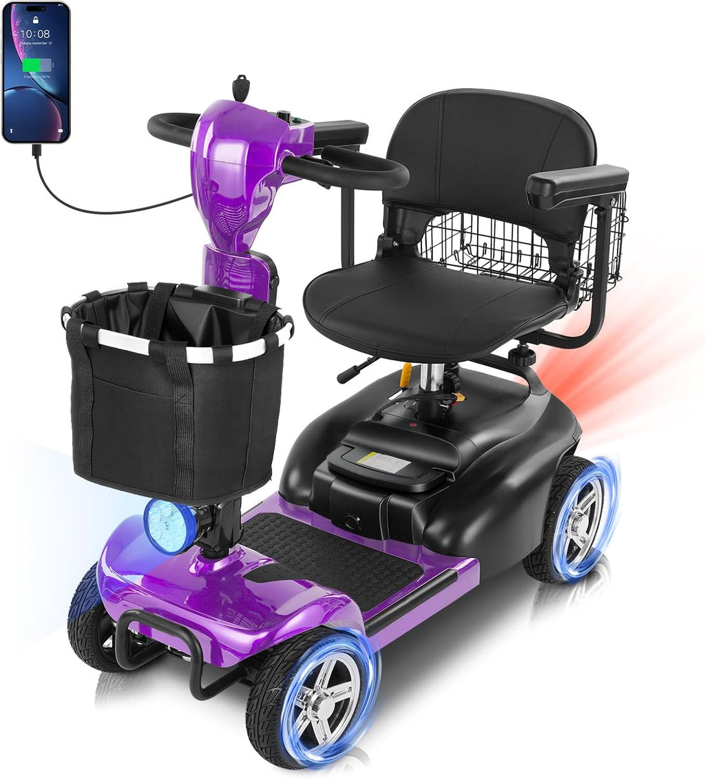 20 Miles 4 Wheels Mobility Scooter for Seniors/Adults Up to 300LBS,350W Electric Wheelchair Detachable Lithium Battery,Dual Baskets,Rotating Seat,with Taillight, USB Charging, Purple