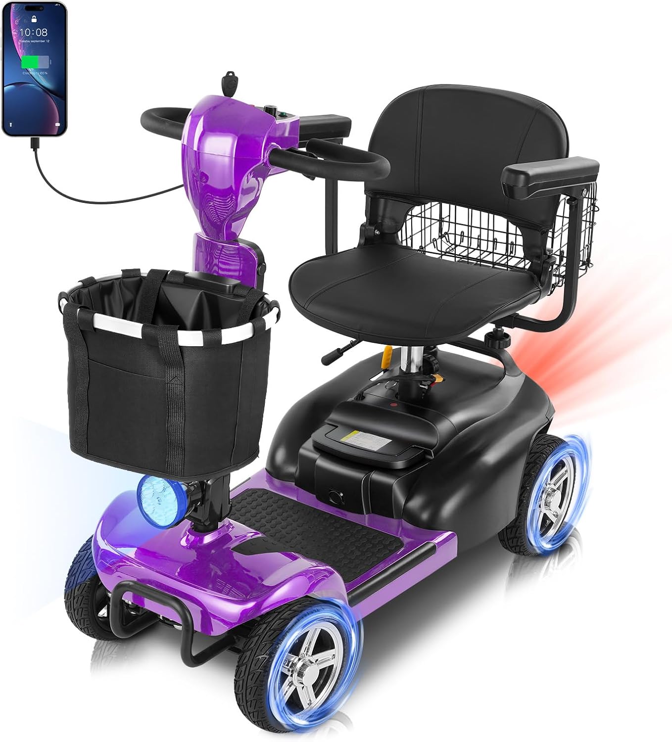 20 Miles 4 Wheels Mobility Scooter for Seniors/Adults Up to 300LBS,350W Electric Wheelchair Detachable Lithium Battery,Dual Baskets,Rotating Seat,with Taillight, USB Charging, Purple