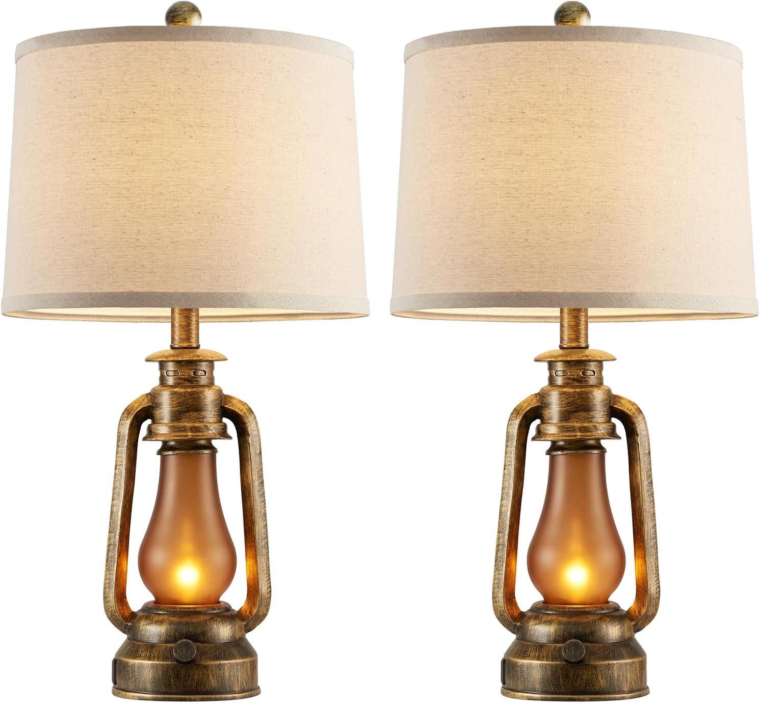25' Set of 2 Rustic Lantern Table Lamps for Living Room Bedroom, 2 USB Ports Farmhouse Vintage Bedside Desk Lamp Nightlight for Entryway Office End Table, 4 Bulbs Included