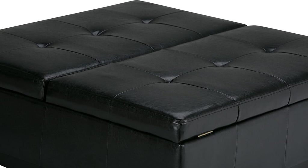 SIMPLIHOME Dover 36 inch Wide Contemporary Square Coffee Table Storage Ottoman in Midnight Black Vegan Faux Leather, Assembled, For the Living Room and Bedroom
