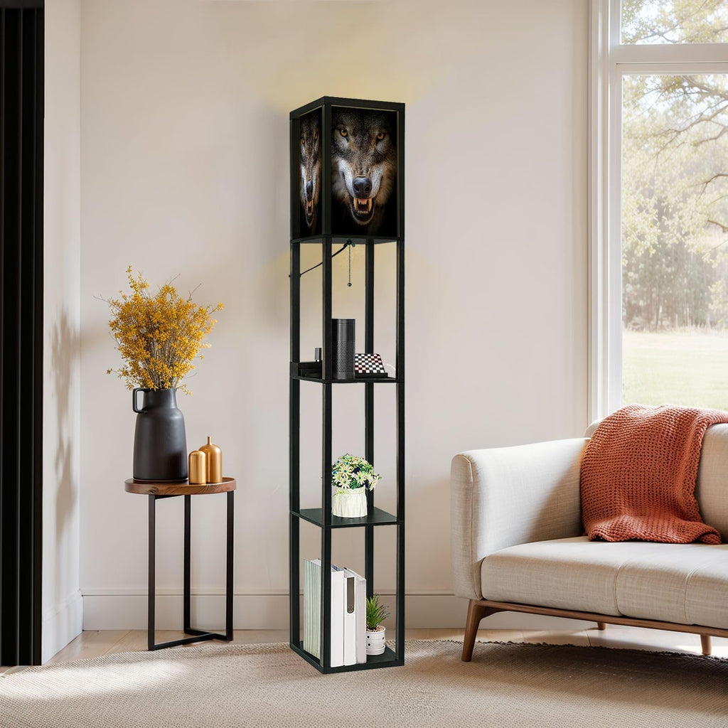 Floor Lamp with Shelves Snarling Eurasian Lupus Lupus Standing Tall Lamp USB Ports & Power Outlet Modern Corner Lamp Nightstand Light for Living Room Bedroom