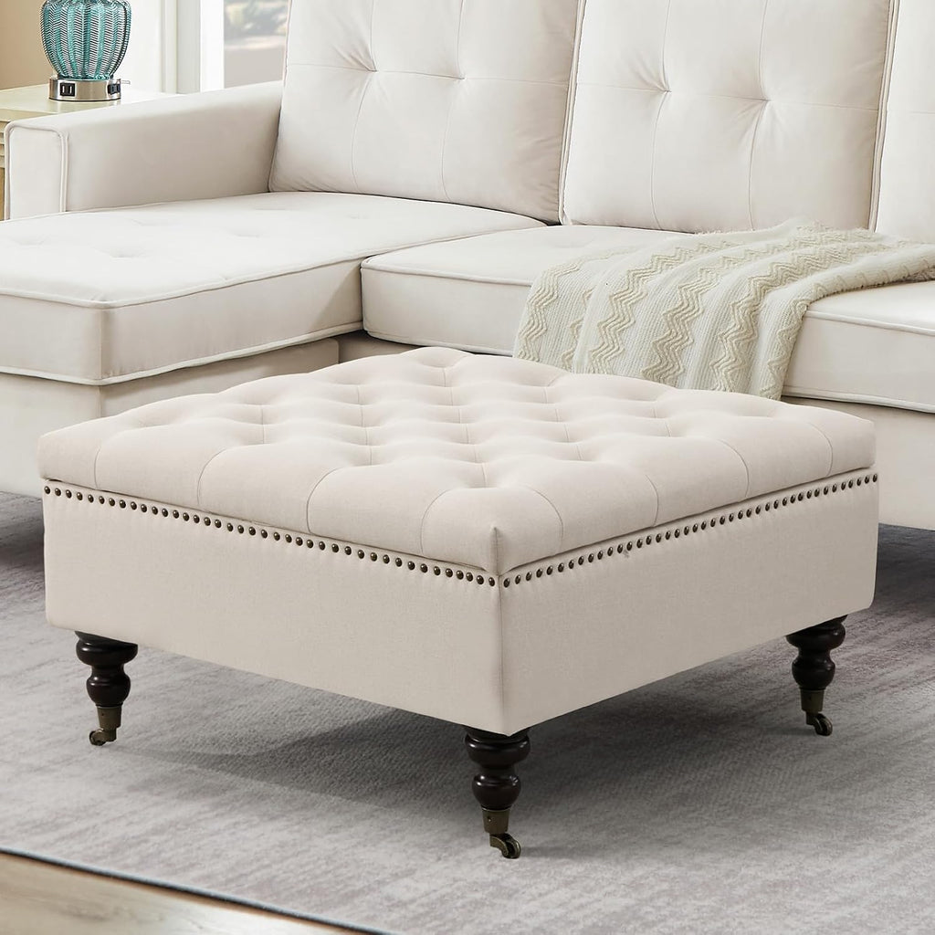 4-in-1 Square Storage Ottoman Bench with Rolling Wheels,Large Ottoman with Storage,Upholstered Coffee Table for Living Room/Bedroom,Beige