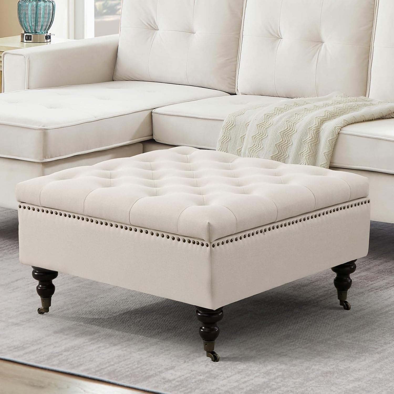 4-in-1 Square Storage Ottoman Bench with Rolling Wheels,Large Ottoman with Storage,Upholstered Coffee Table for Living Room/Bedroom,Beige