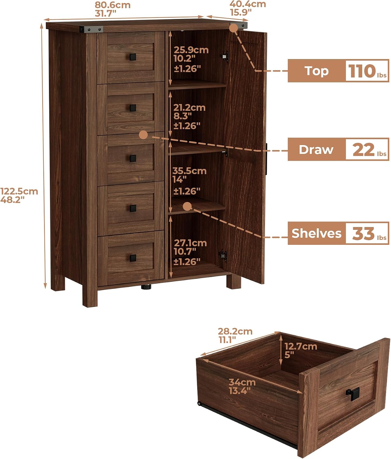 VVFLU Farmhouse 48 Inch Tall Dresser Chest of Drawer for Bedroom, 5 Drawer Storage Cabinet with Barn Door, Adjustable Shelves, Rustic, for Living Room, Entryway, Hallway, Cherry Wood