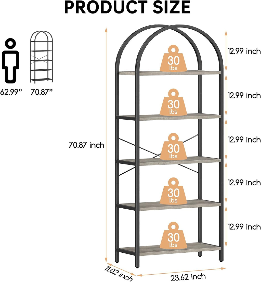 Takywep Bookshelf, Arched Bookcase with Metal Frame 5 Tiers Bookshelf Industrial Arched Cabinet Display Shelf Floorstanding Storage Shelving Unit for Bedroom, Living Room and Home Office, Gray