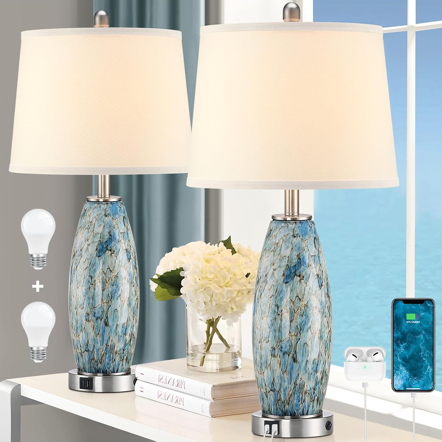 29' Tall Table Lamps Set of 2, Large Modern Lamps for Bedroom with Nightlight, Coastal Bedside Lamps with USB C+A, Glass Nightstand Table Lamps for Living Room, Bulbs Included