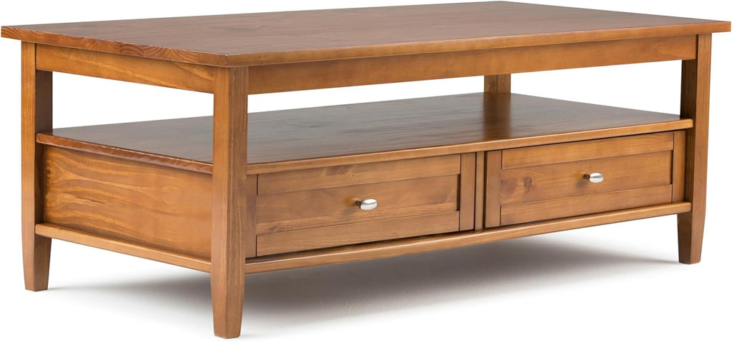 SIMPLIHOME Warm Shaker Coffee Table - 48 inch Wide Solid Wood Coffee Table in Light Golden Brown, Transitional Living Room Table with 2 Drawers, Open Shelf, Shaker Fronts and Tapered Legs