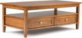 SIMPLIHOME Warm Shaker Coffee Table - 48 inch Wide Solid Wood Coffee Table in Light Golden Brown, Transitional Living Room Table with 2 Drawers, Open Shelf, Shaker Fronts and Tapered Legs