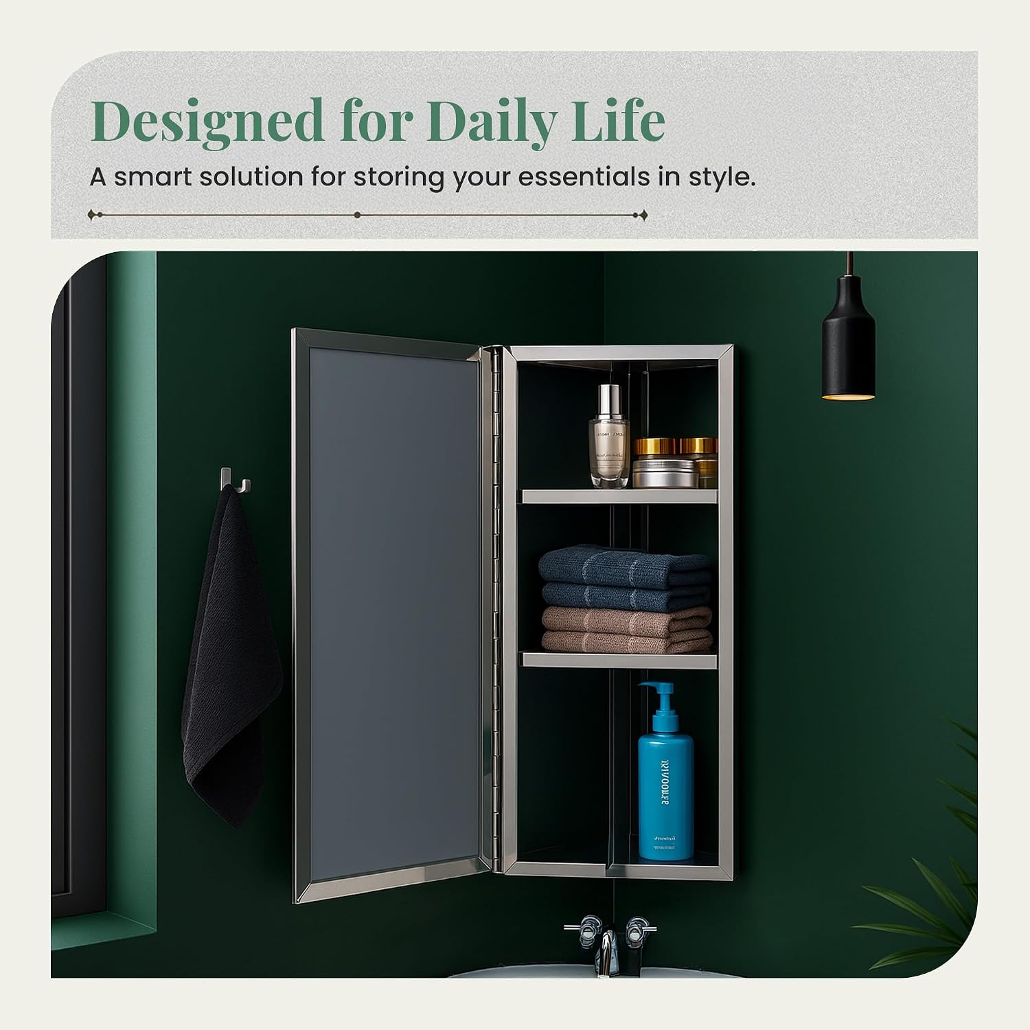 Renovators Supply Infinity Corner Wall Mount Medicine Cabinet with Mirror Polished Stainless Steel Bathroom Storage 23.6 x 11.8 Inches Hanging Triple Shelf Storage Cabinet Opens Right to Left