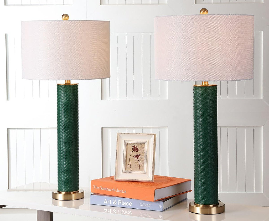 SAFAVIEH Lighting Collection – Set of 2 Ollie Modern Contemporary Dark Green Faux Woven Leather 32-Inch Table Lamps, LED Bulbs Included, Bedroom Living Room Home Office (LIT4404K-SET2)
