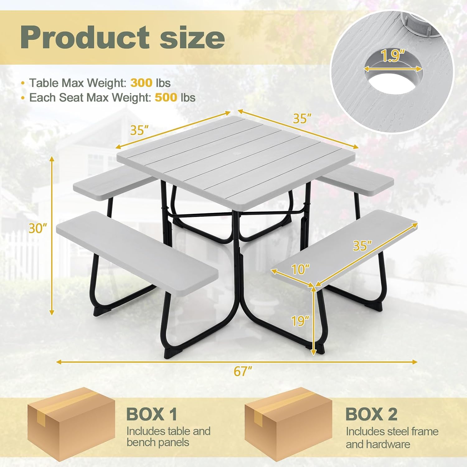 Tangkula 8 Person Picnic Table, Outdoor Square Picnic Table with 4 Built-in Benches, Umbrella Hole, Metal Frame & HDPE Tabletop, Outside Table and Bench Set for Backyard, 2300lbs Weight Capacity