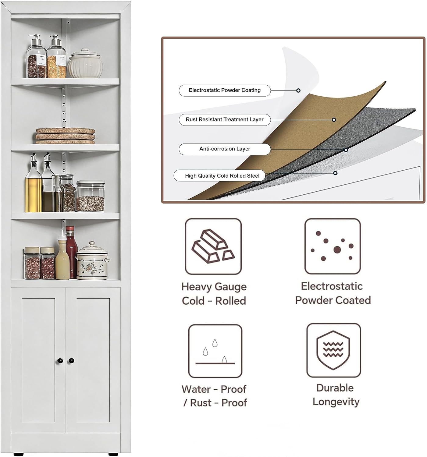 Metal Pantry Storage Cabinet with 4 Adjustable Shelves, 71' Tall Corner Cabinet for Bathroom, Corner Shelf Cabinet for Kitchen, Dining Room, Living Room, Assembly Required(White)