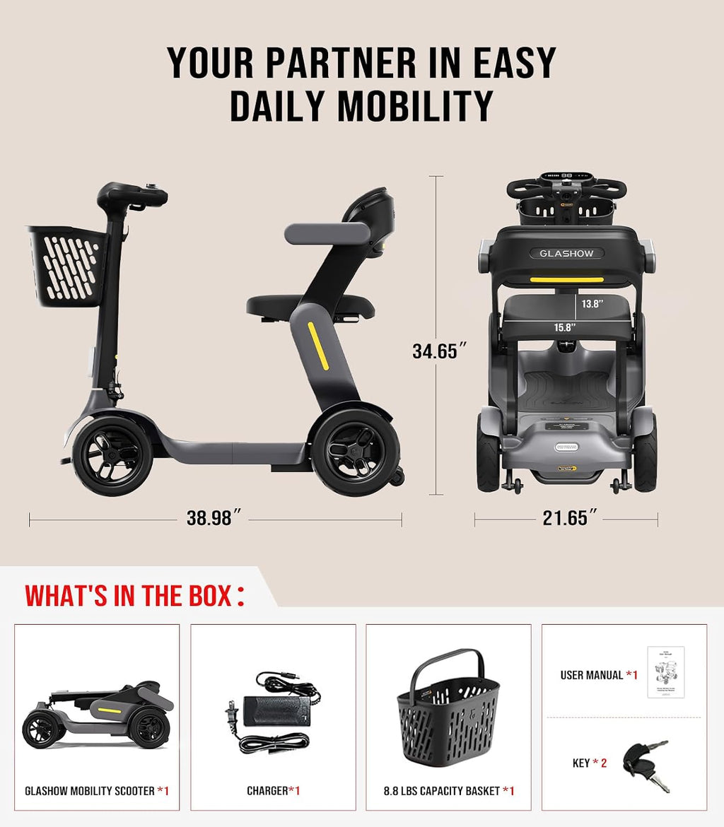 Glashow S3 Folding Mobility Scooter for Seniors & Adults – 4-Wheel All-Terrain Electric Scooter, 25 Mile Range, 6 MPH, 265 lb Capacity, Reverse, LED Lights & Basket – Gray