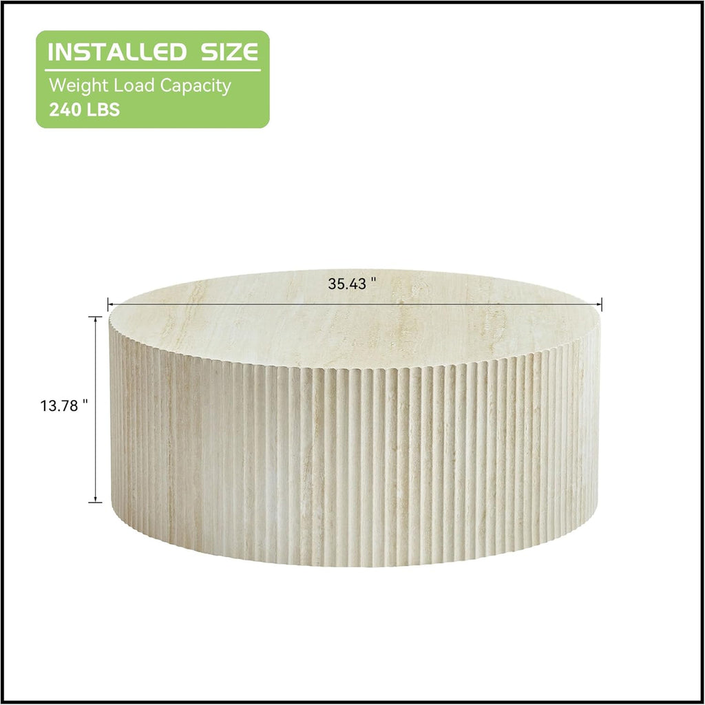 JUSTONE Round Coffee Tables for Living Room,Modern 35.43'' Fiberglass Cream Style Coffee Table for Small Space,Apartment,Balcony,Matte White