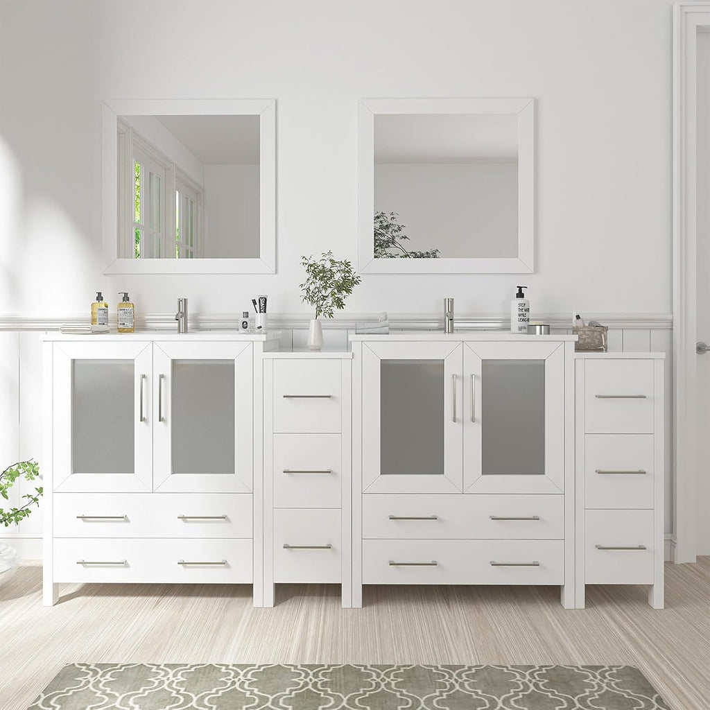 Vanity Art 84 Inch Under Mount Double Sink Bathroom Vanity Cabinet with 2 Mirrors, Ceramic Top Bathroom Cabinet Compact Set with 10 Dovetail Storage Drawers and Brushed Nickel Handles, VA3030-84-W