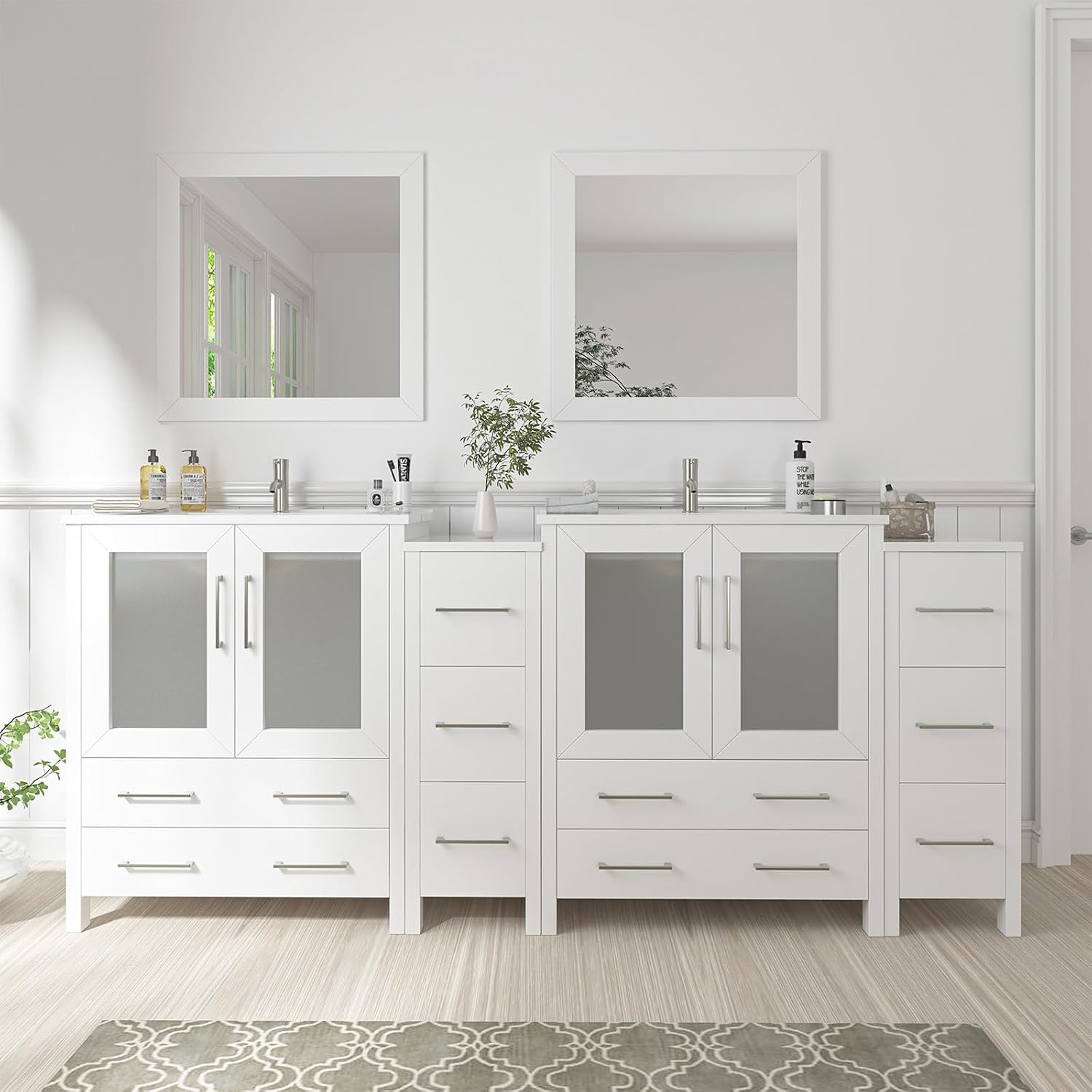Vanity Art 84 Inch Under Mount Double Sink Bathroom Vanity Cabinet with 2 Mirrors, Ceramic Top Bathroom Cabinet Compact Set with 10 Dovetail Storage Drawers and Brushed Nickel Handles, VA3030-84-W