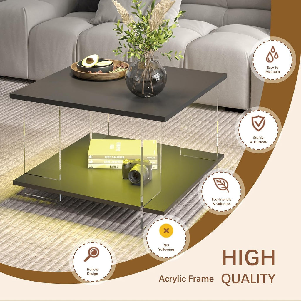 HedoAjim 24' Acrylic Coffee Table with Black Wood Tabletop, Minimalist Stylish Modern Square Center Table for Living Room,Led Living Room Table with Storage Shelf & Acrylic Frame for Small Space