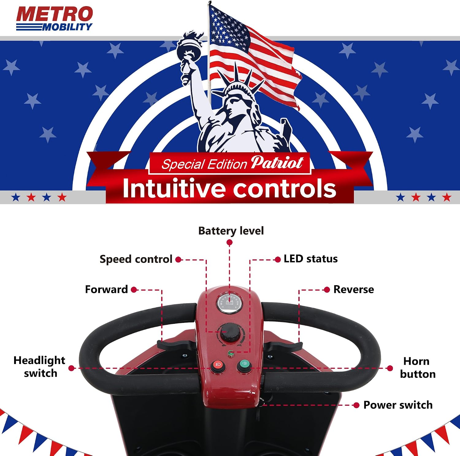 Metro Mobility 4 Wheel Powered Mobility Scooters for Seniors - 300 lbs Capacity Electric Scooter with Seat for Adults, Travel - Long Range Power Extended Battery & USB Charging Port - Red