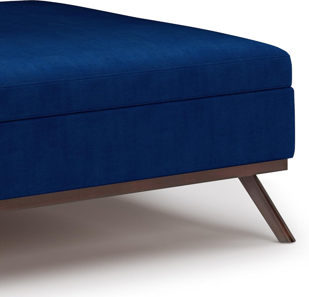 SIMPLIHOME Owen 36 inch Wide Mid Century Modern Square Coffee Table Storage Ottoman in Blue Velvet Fabric, Assembled, for the Living Room, Entryway and Family Room