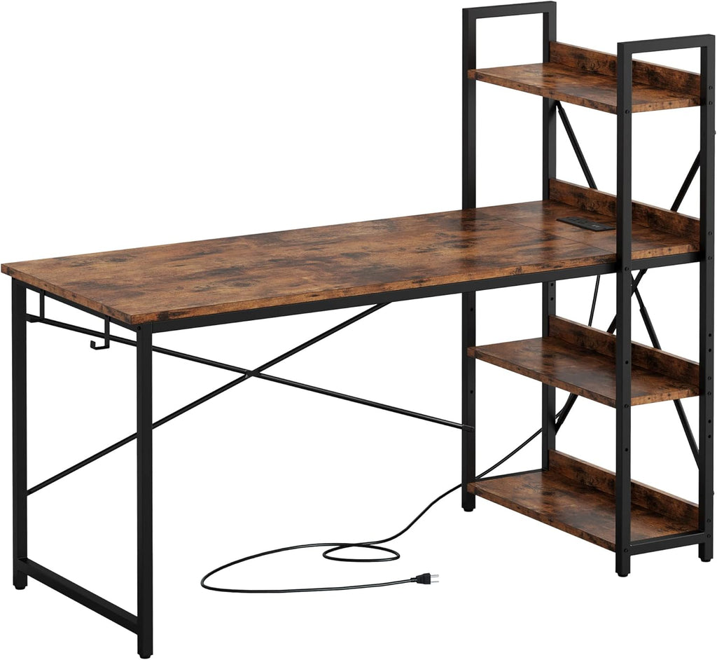 IRONCK Computer Desk 55' with Power Outlet and Storage Shelves, Study Writing Table with USB Ports Charging Station, PC Desk Workstation for Home Office, Rustic Brown