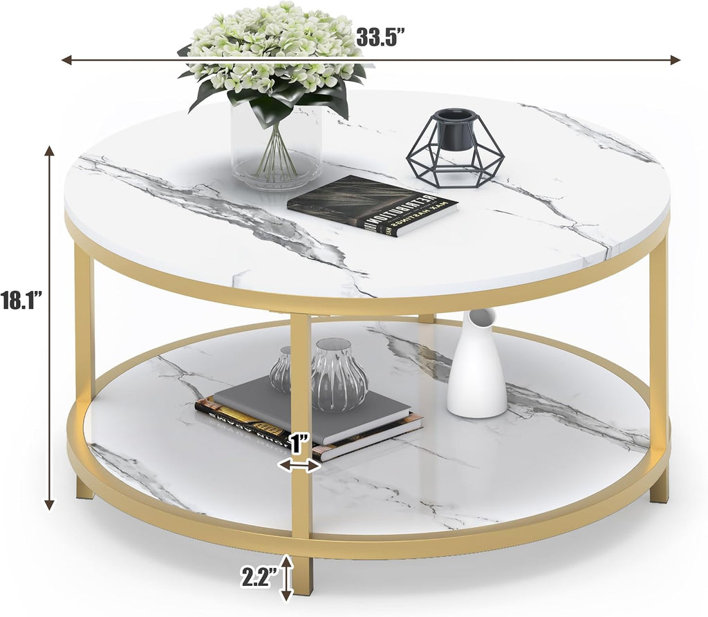 WiberWi Round Coffee Table 33.5' Coffee Tables for Living Room High Glossy Faux White Marble Top Modern Circle Table Sturdy Gold Metal Frame Legs Cocktail Table with Storage Open Shelf