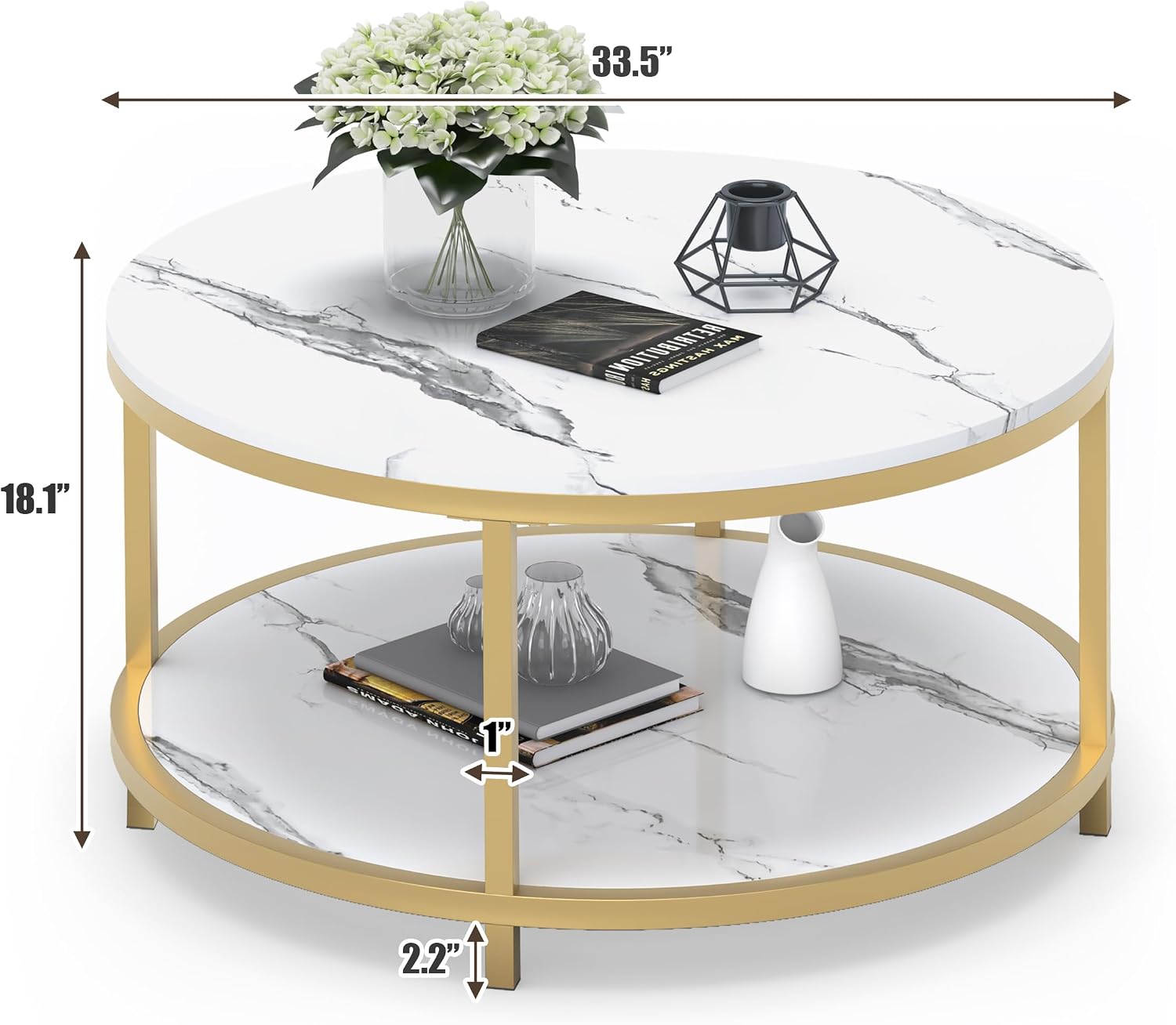 WiberWi Round Coffee Table 33.5' Coffee Tables for Living Room High Glossy Faux White Marble Top Modern Circle Table Sturdy Gold Metal Frame Legs Cocktail Table with Storage Open Shelf