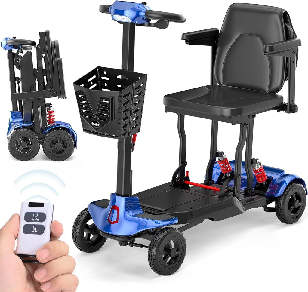 Auto-Folding Mobility Scooters for Adults & Seniors,40 lbs Lightweight Foldable & Portable 4 Wheel Electric Scooter, Remote Control/Manual Folding Power Scooter 14 Mile Range, 275 lbs Capacity Bule