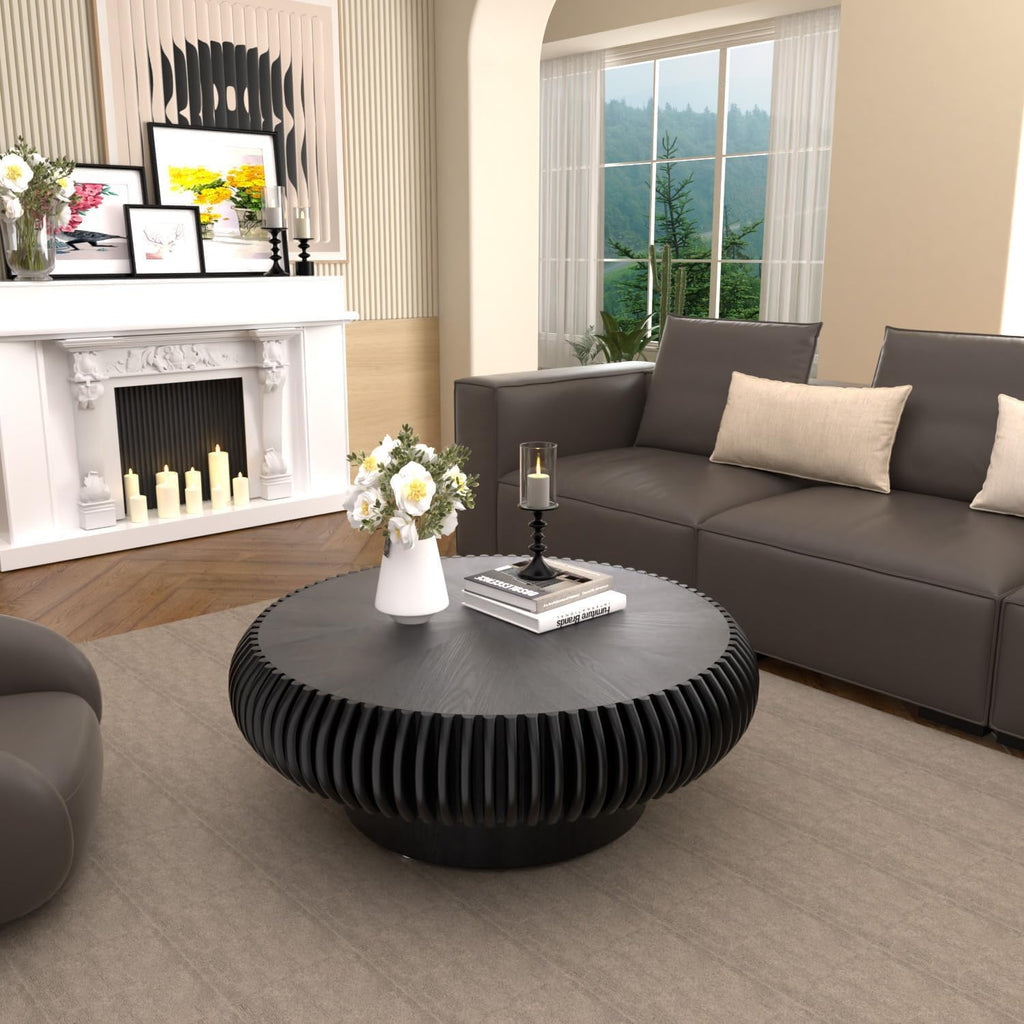 31.5' Drum Coffee Table Modern Unique Fluted Tea Table Contemporary Wood Round Coffee Table with Fluted Centry Table for Living Room Walnut (31.5' Black)