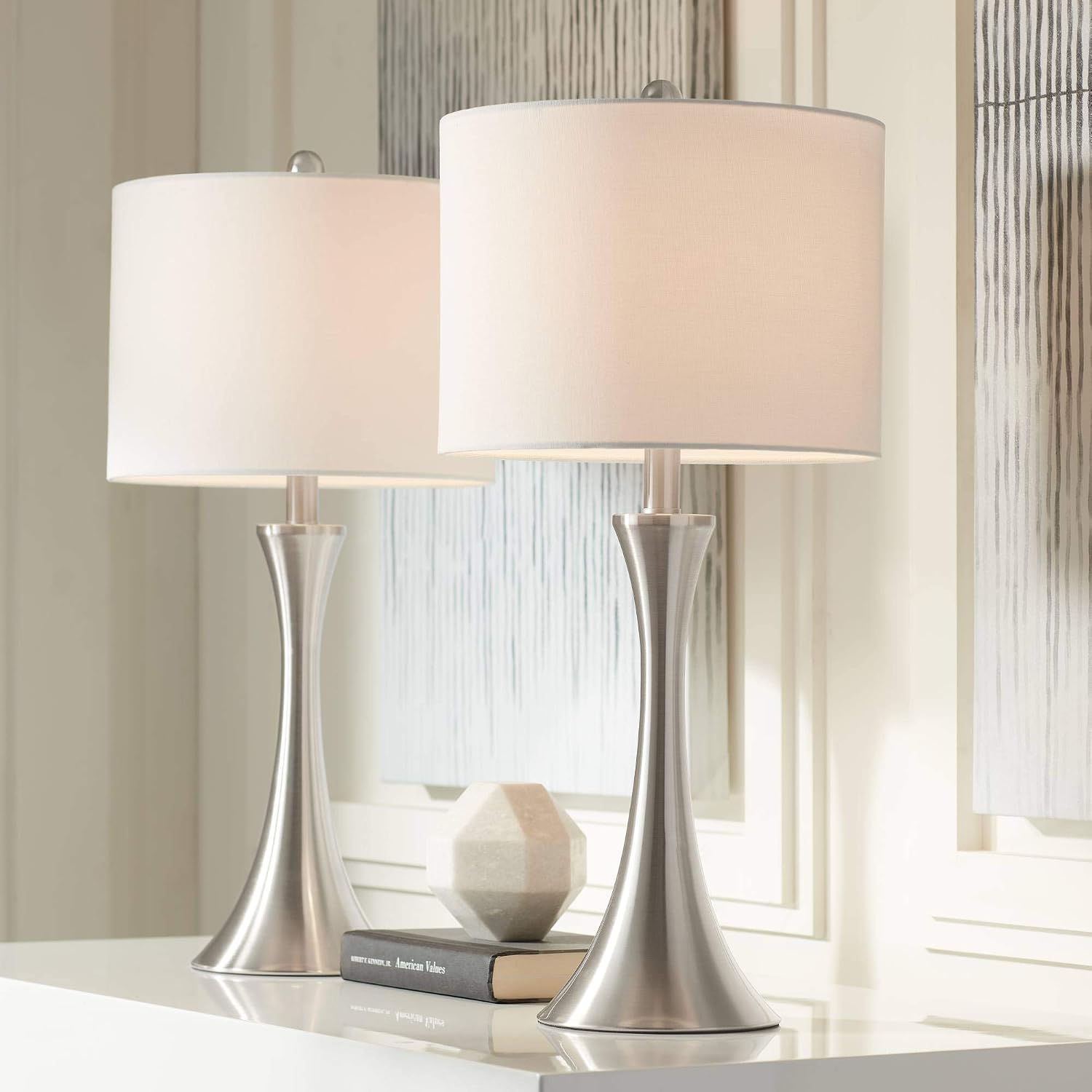360 Lighting Gerson Modern Table Lamps 24' Tall Set of 2 with Dimmers Brushed Nickel Silver Metal LED White Drum Shade for Bedroom Living Room House Home Bedside Nightstand Office Family