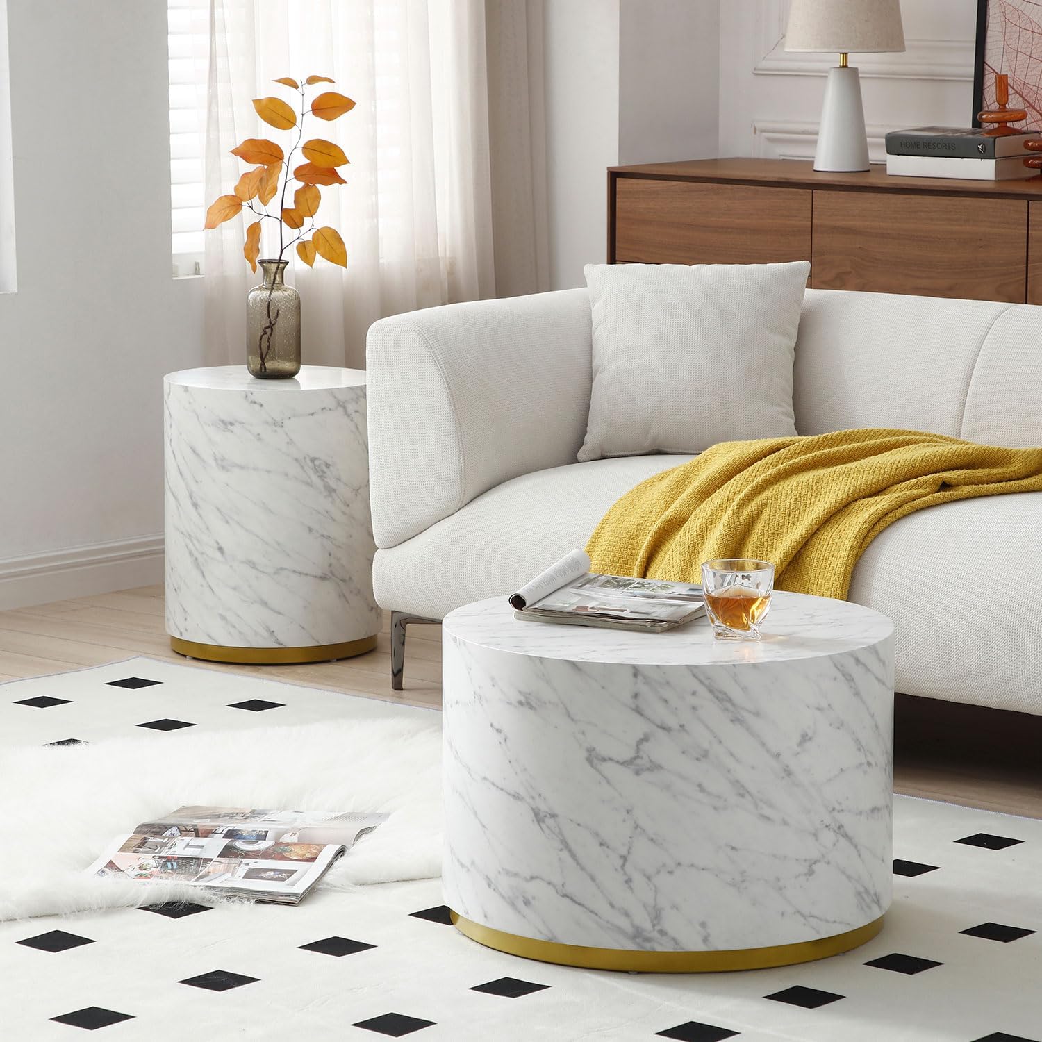 23.62' D Round Coffee Table Black End Table Side Table Living Room Table Sets, Industrial Cocktail Table, Circle Drum Wood Modern Contemporary Coffee Table for Apartment Office, White & Gold