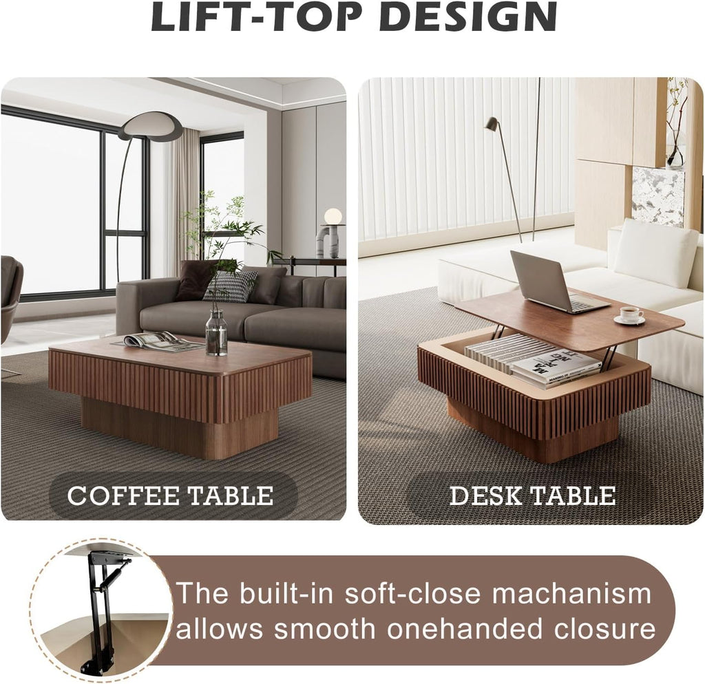 Lift Coffee Table with Storage & Adjustable Height, Solid Wood Coffee Table Fluted Center Table Accent Tea Table or Living Room, Apartment, Office (38.6' Walnut)