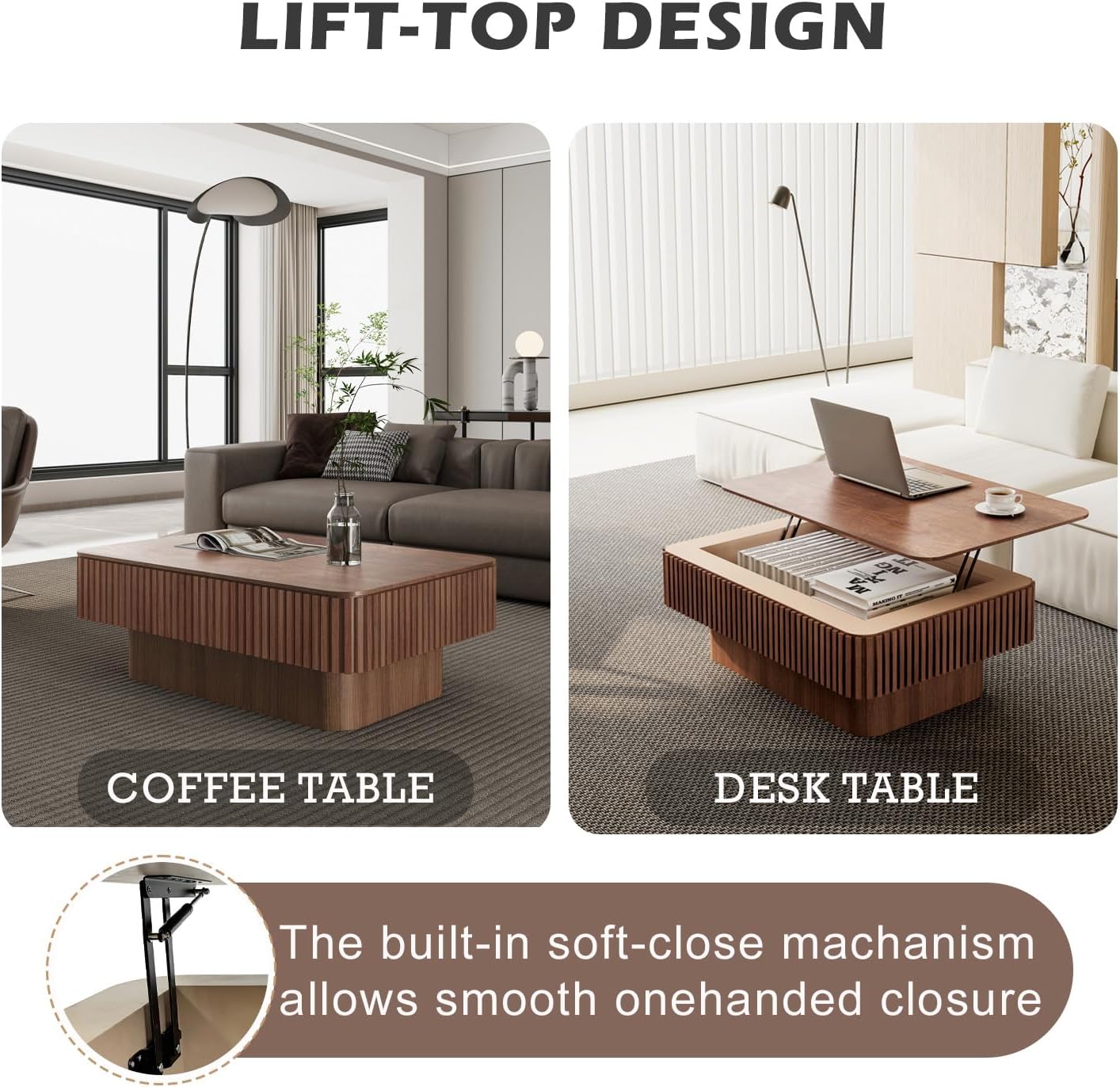 Lift Coffee Table with Storage & Adjustable Height, Solid Wood Coffee Table Fluted Center Table Accent Tea Table or Living Room, Apartment, Office (38.6' Walnut)