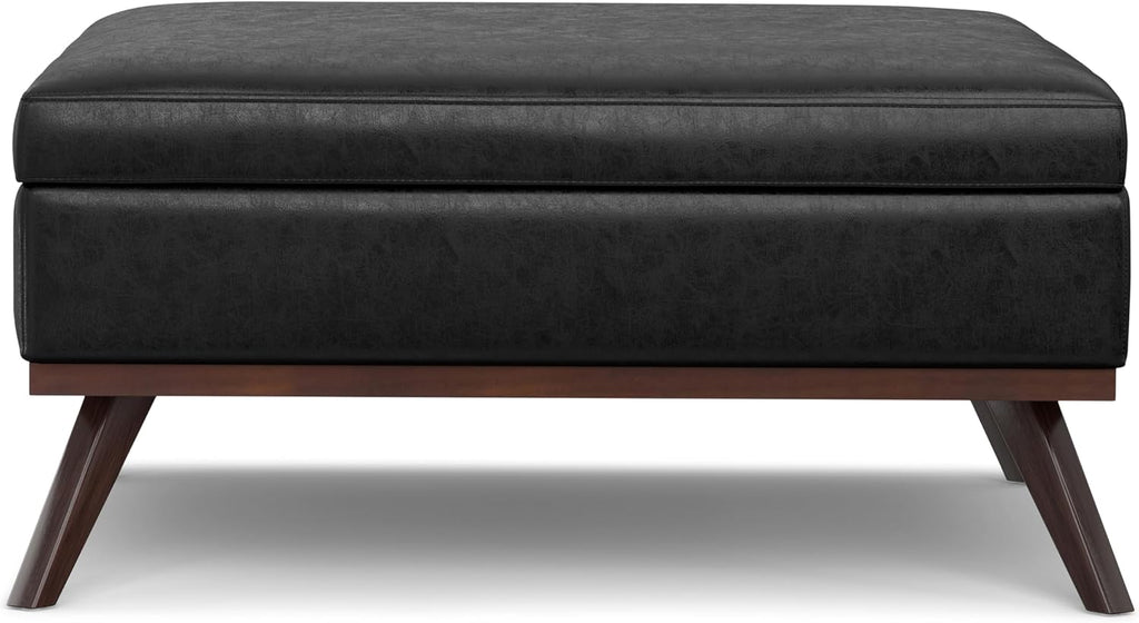 SIMPLIHOME Owen XL Square Coffee Table Storage Ottoman - 40 inch Wide Upholstered Vegan Leather Lift-Top Ottoman in Distressed Black, Mid-Century Modern Ottoman for Living Room with Ample Storage