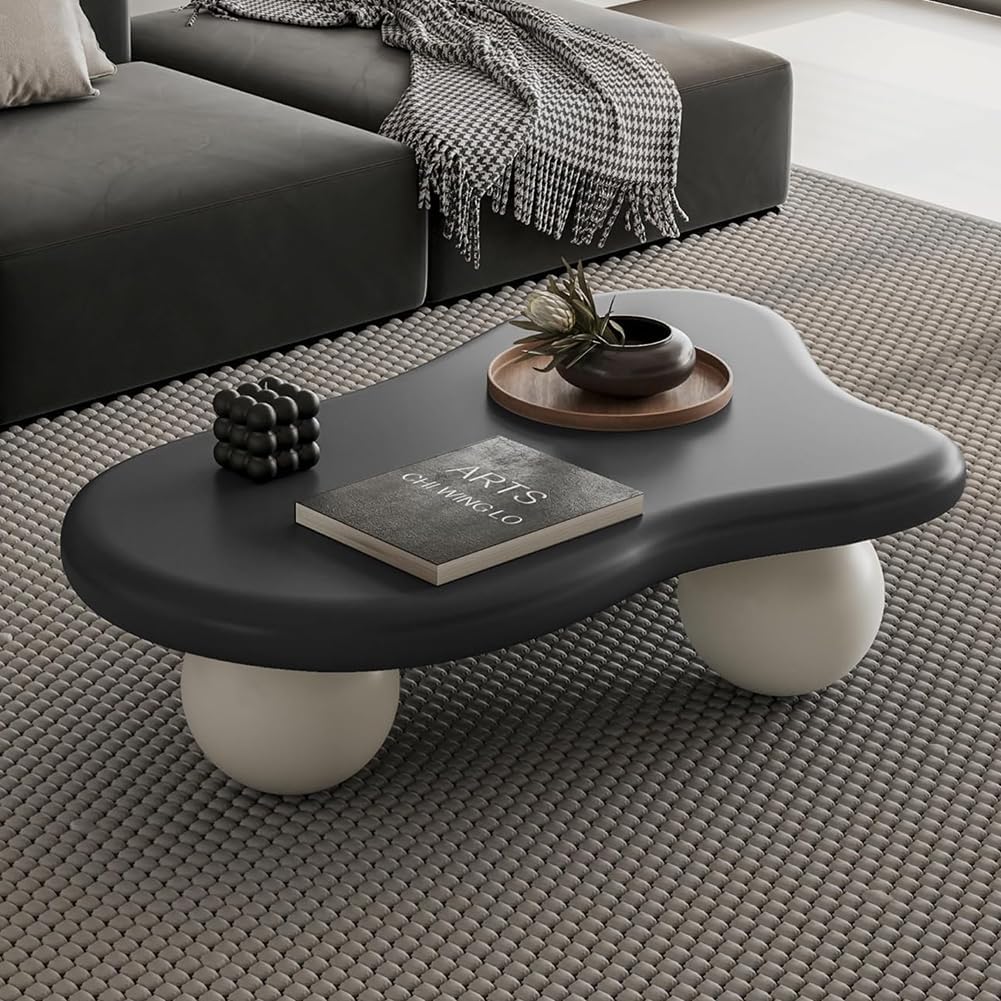 40' Cloud Coffee Table for Living Room Irregular Coffee Table Modern Low Coffee Tables Abstract Faux Stone Cute Center Table with 3 Ball Legs for Small Space Apartment (Black & White)