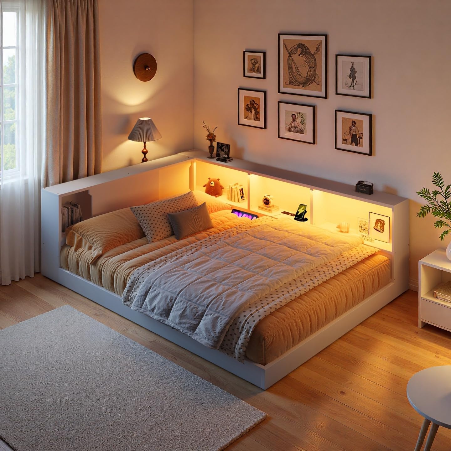LUMISOL Queen Size Corner Bed with Storage Shelves, Wooden L-Shaped Daybed Frame with Charging Station and LED Lights for Teens, Adults, White