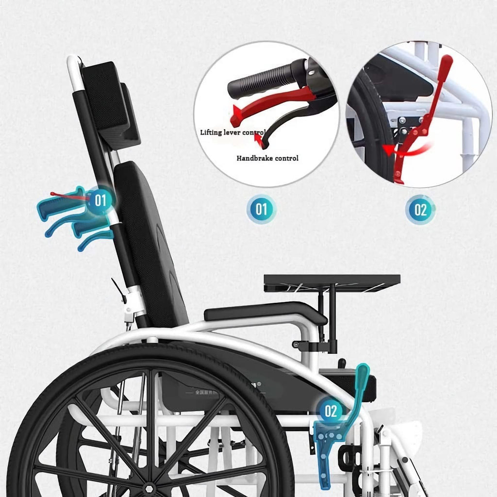 Full Reclining Wheelchair with High Back & Removable Headrest, Lightweight Foldable Manual Wheelchairs with Elevating Leg Rests, Fully Tiltable Scooter for The Disabled with Toilet, 18.5' Seat