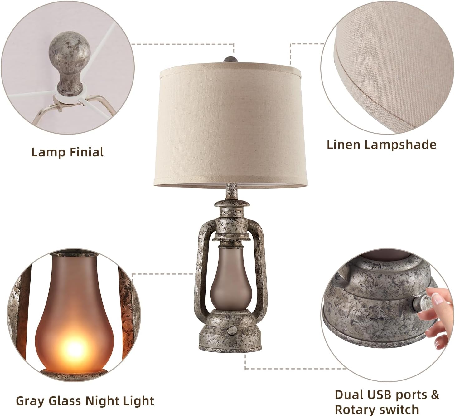 Farmhouse Rustic Table Lamps for Living Room Set of 2,Vintage Lantern Table Lamp with Dual USB Ports, 25' Tall Retro Bedside Lamp for Bedroom Nightstand, 4 Bulb Included (Iron Gray)
