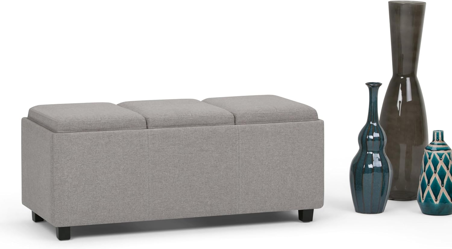 SIMPLIHOME Avalon Storage Ottoman - 42 inch Wide Upholstered Linen Look Fabric Rectangular Flip-Top Ottoman in Cloud Grey, Contemporary Coffee Table Ottoman for Living Room with Hidden Storage