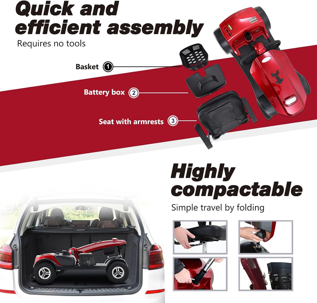 Mobility Scooters for Seniors & Adults 400 Lb Weight Foldable,All-Terrain Heavy Duty 4 Wheel Powered Scooter,Portable Disability Mobile Electric Wheelchair with Comfort Seat,15Miles,5MPH,red