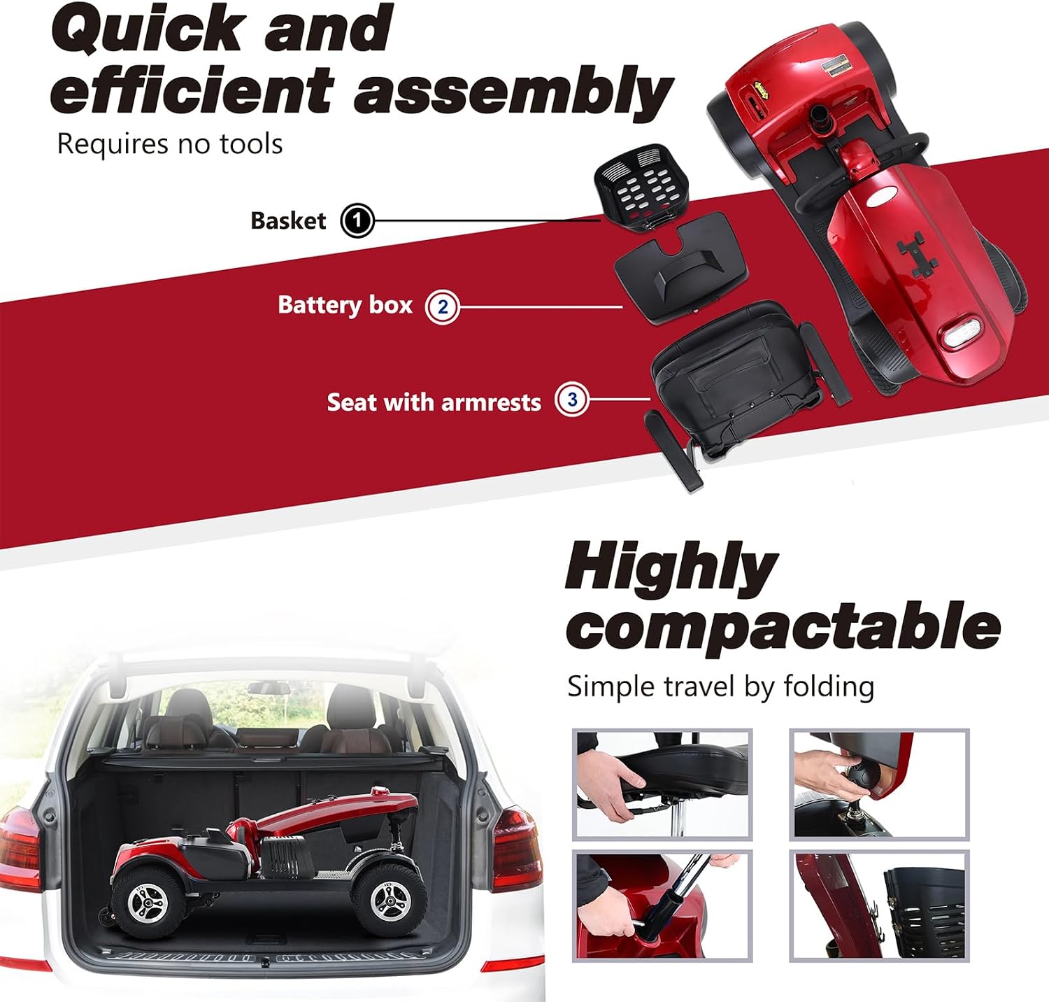 Mobility Scooters for Seniors & Adults 400 Lb Weight Foldable,All-Terrain Heavy Duty 4 Wheel Powered Scooter,Portable Disability Mobile Electric Wheelchair with Comfort Seat,15Miles,5MPH,red