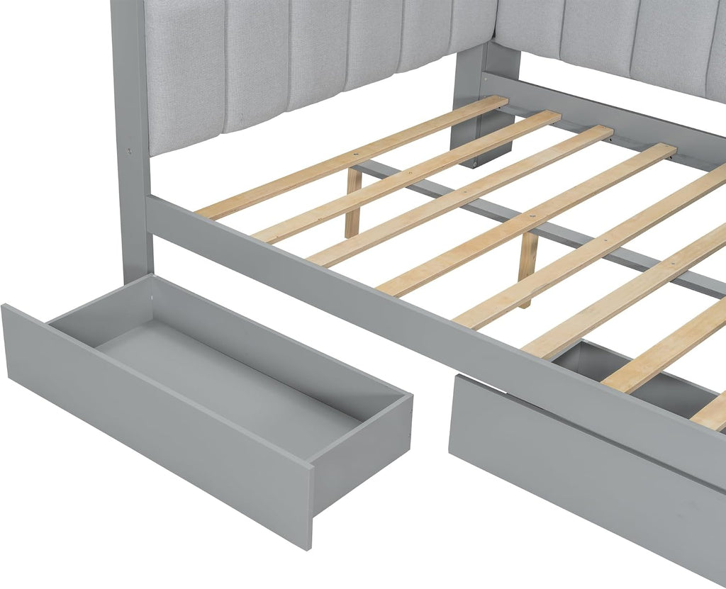 CITYLIGHT Full Size Daybed with Storage Drawers and Upholstered Headboard, Full Size Corner Bed with LED,Charging Station and Storage Shelves for Bed Room,Living Room.(Gray)