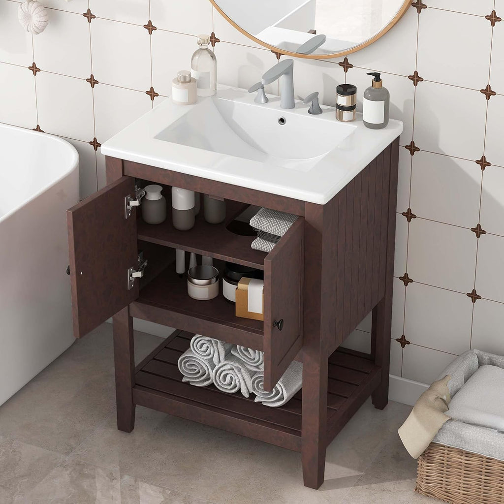24 Inch Bathroom Vanity with Sink, Small Bathroom Sink Cabinet with Ceramic Basin & Solid Wood Frame and Open Shelf Storage for Small Space, Morandi White Style (Brown)