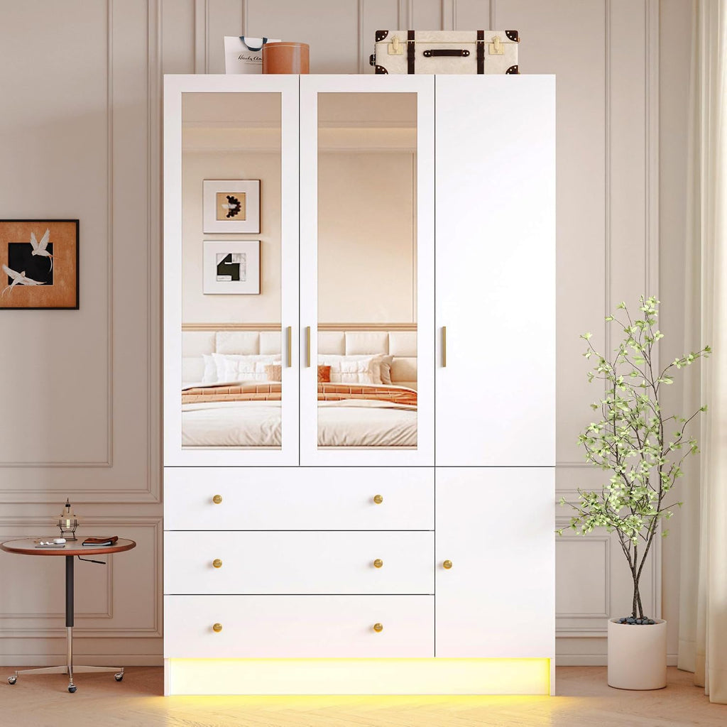 3 Doors LED Wardrobe Closet, 75' Tall Modern Armoire with Mirror & 3 Drawers, Wooden Armoire Wardrobe Closet for Bedroom, Hanging Rod, Freestanding Clothing Storage Cabinet, White