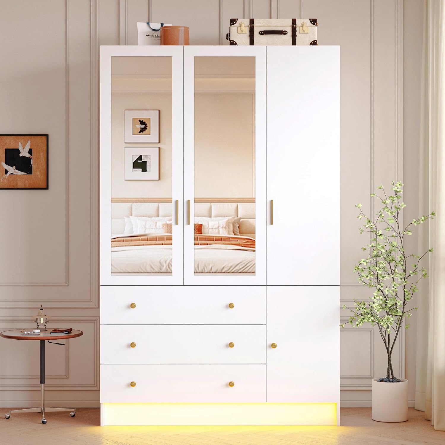 3 Doors LED Wardrobe Closet, 75' Tall Modern Armoire with Mirror & 3 Drawers, Wooden Armoire Wardrobe Closet for Bedroom, Hanging Rod, Freestanding Clothing Storage Cabinet, White