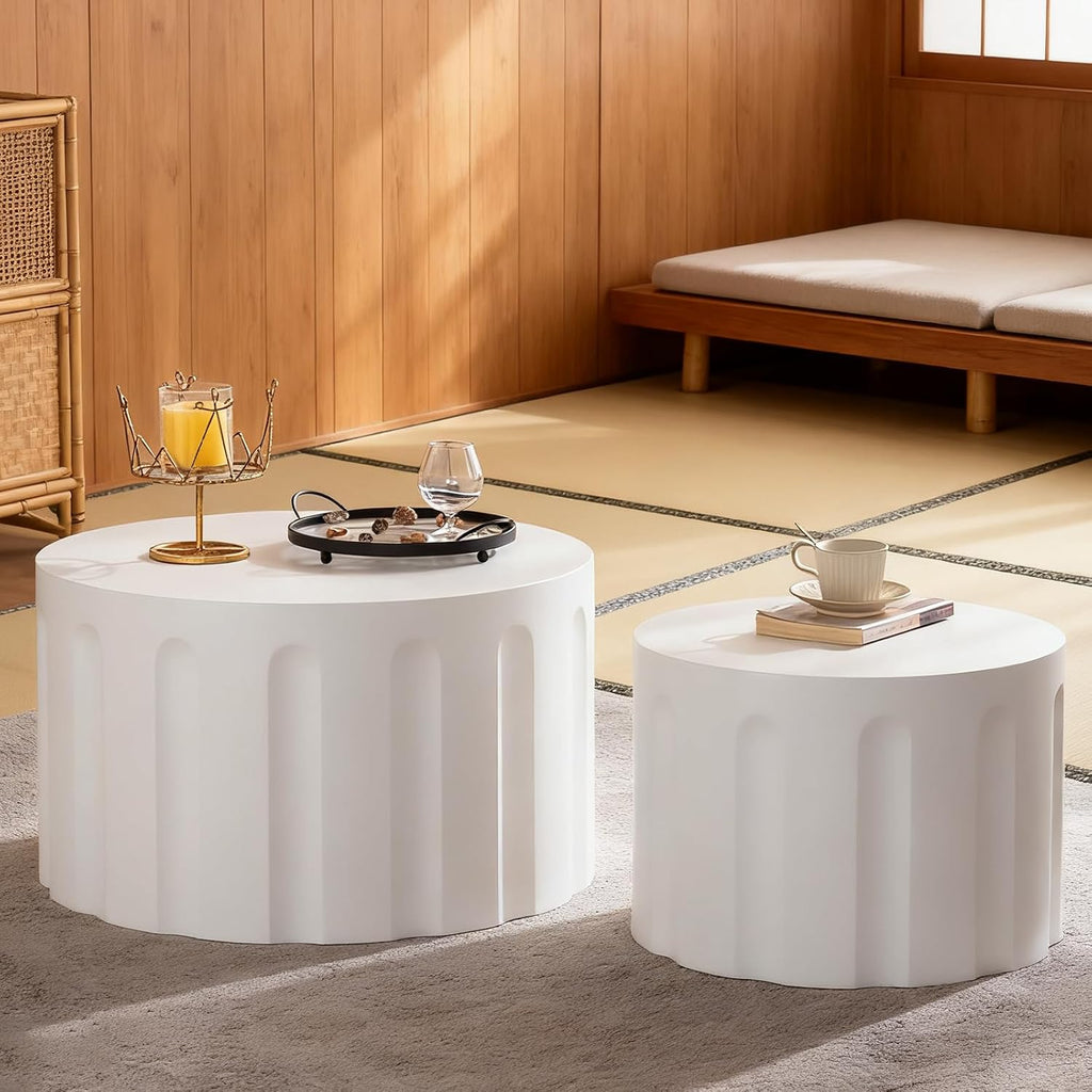 Round Nesting Coffee Table Modern White Fluted Coffee Table Set of 2 Stripe Round Coffee Tables Drum Crescent Side Table Accent End Table for Living Room (White D Large)