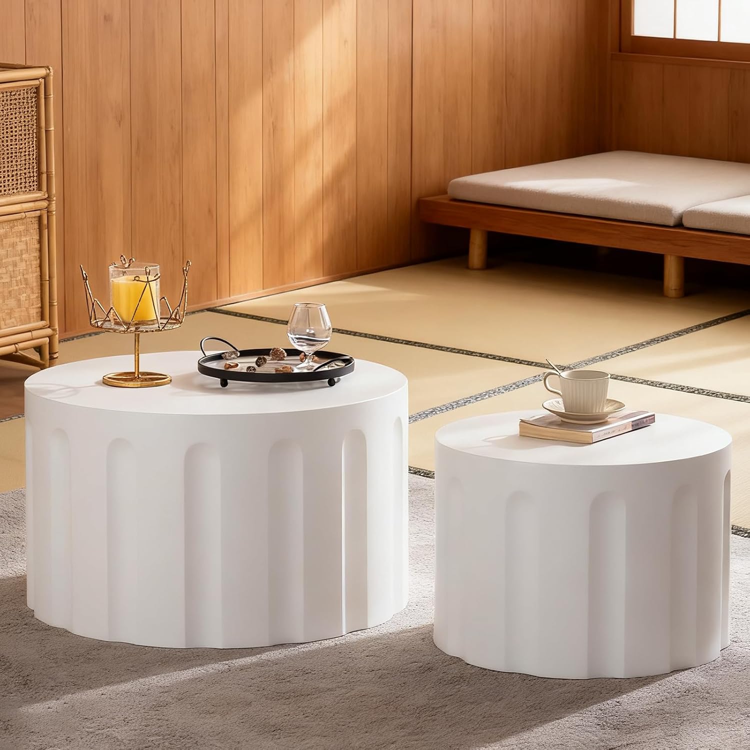 Round Nesting Coffee Table Modern White Fluted Coffee Table Set of 2 Stripe Round Coffee Tables Drum Crescent Side Table Accent End Table for Living Room (White D Large)